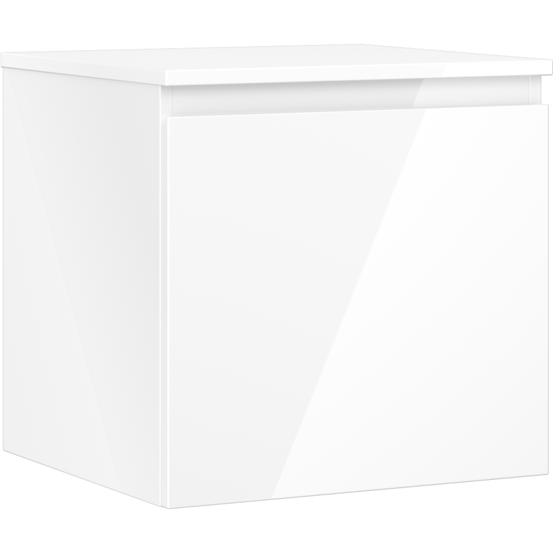 Servantskap 50 cm hvit høyglans, firkantet design uten håndtak sett fra skrått hjørne.