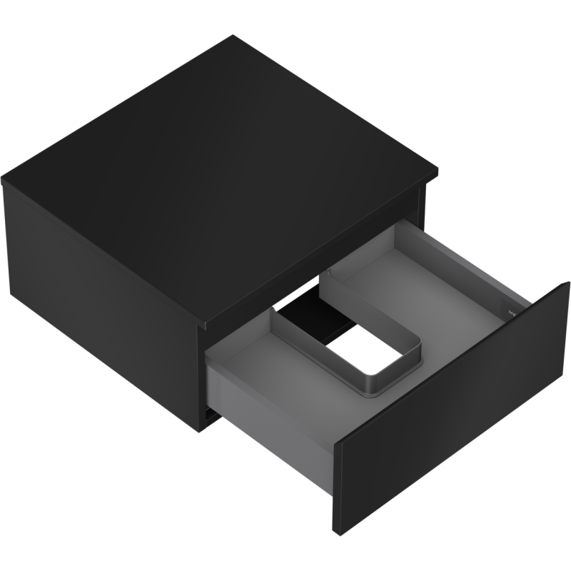 Servantskap uten vask svart matt 50 cm med én skuff, sett skrått ovenfra med delvis åpen skuff.