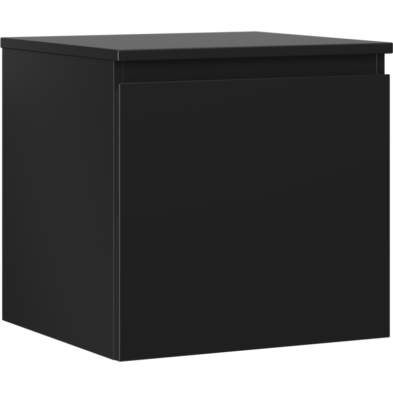 Servantskap 50 cm svart matt med én skuff, sett fra skrått sideperspektiv.