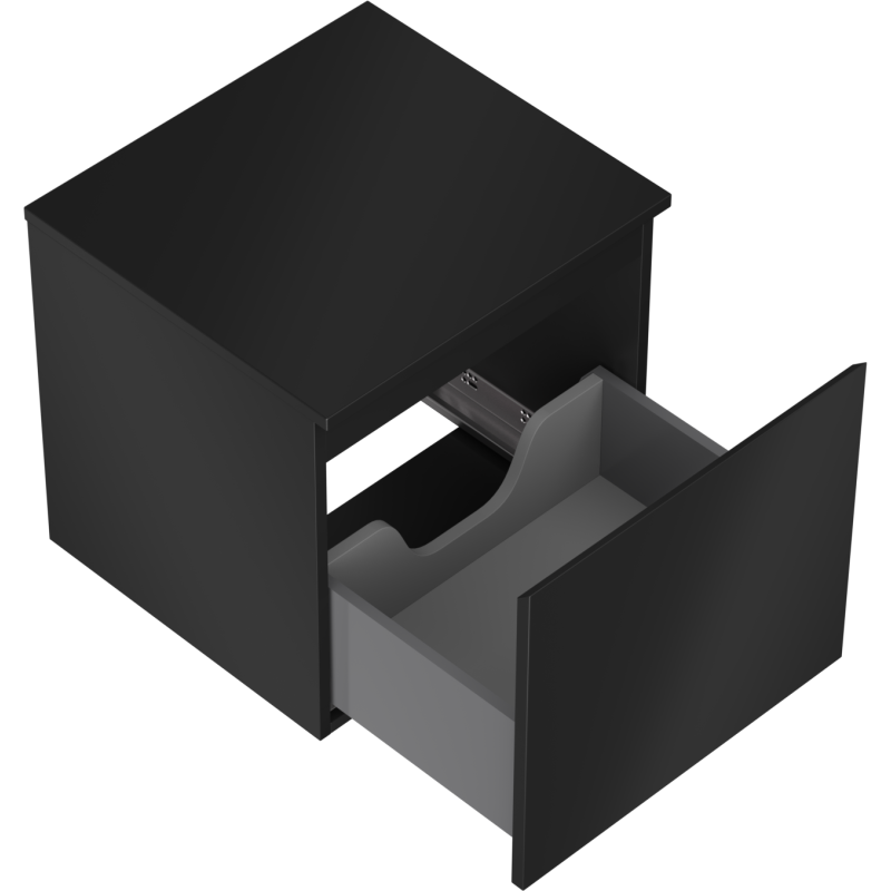 Servantskap uten vask svart matt Mexen Orio med åpen grå skuff og synlig metallskinne.