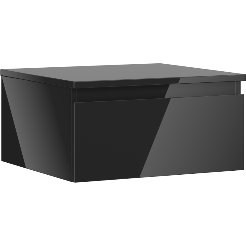 Servantskap 50 cm svart høyglans med én skuff, sett fra front og venstre side.