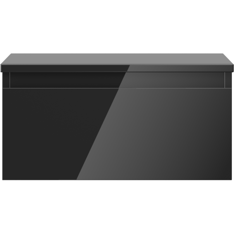 Underskap til servant i svart høyglans med én skuff, sett rett forfra med blank overflate.