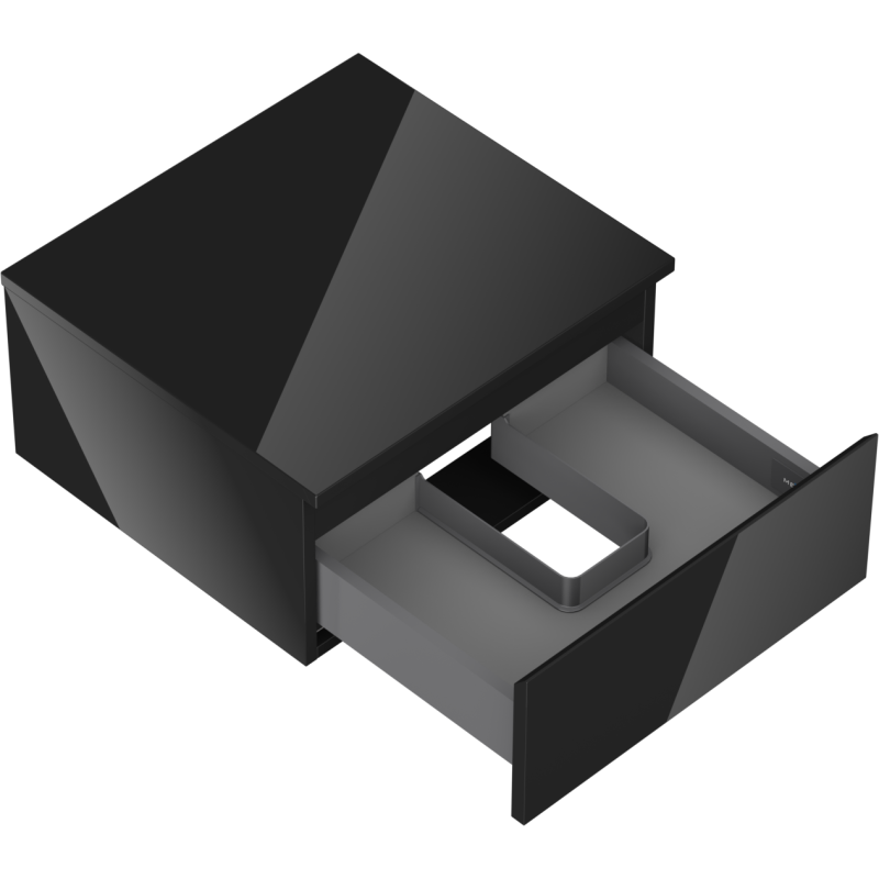 Servantskap uten vask 50 cm svart høyglans med åpen skuff og synlig innvendig skillevegg.