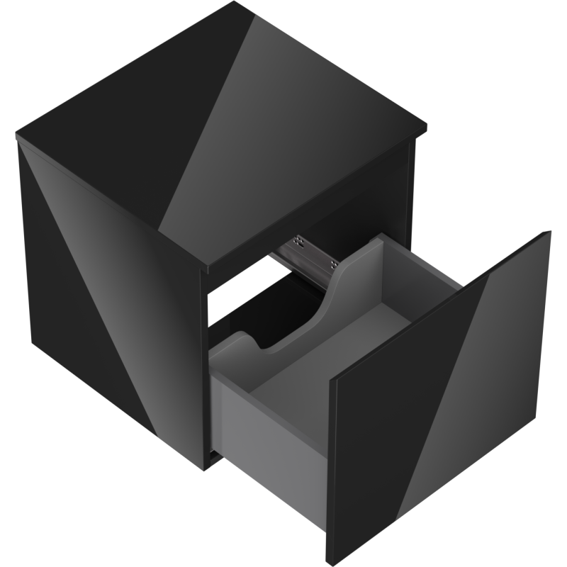 Servantskap uten vask svart høyglans Mexen Orio, skuff trukket ut med synlig skillevegg.