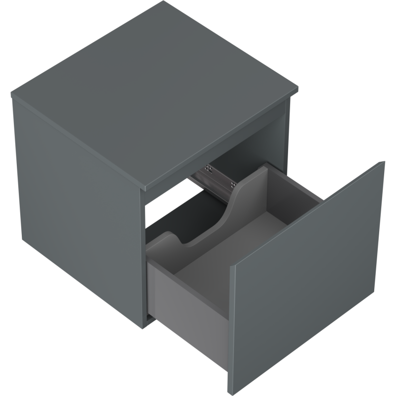 Servantskap uten vask 50 cm grafitt matt med én stor skuff og synlig rominndeling, sett skrått ovenfra.