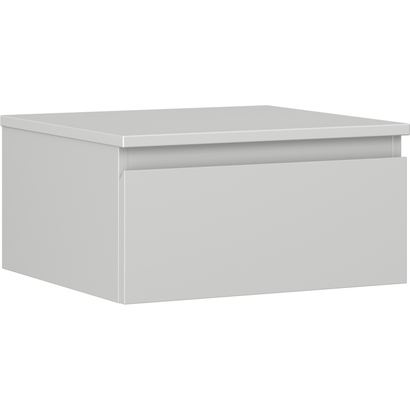 Servantskap 50 cm i grå matt finish med én skuff, sett fra skrå vinkel, veggmontert.