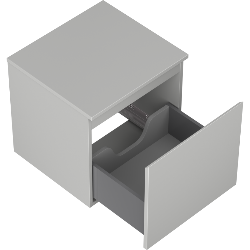 Servantskap uten vask grå Mexen Orio 50 cm med åpen skuff og innvendig skillevegg, sett skrått ovenfra.