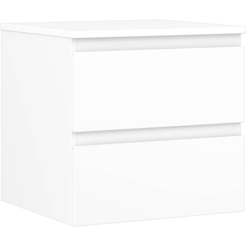 Servantskap 50 cm hvit matt med to skuffer, sett fra skrått front- og sideperspektiv.