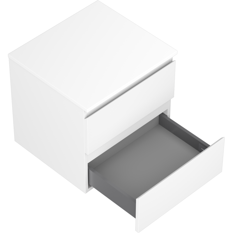 Servantskap til bad 50 cm hvit matt med åpen grå skuff, sett skrått ovenfra.