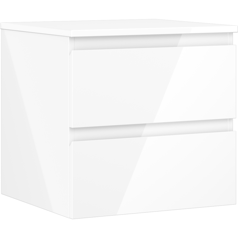 Servantskap 50 cm hvit høyglans med to skuffer, sett fra skrå vinkel uten synlige håndtak.