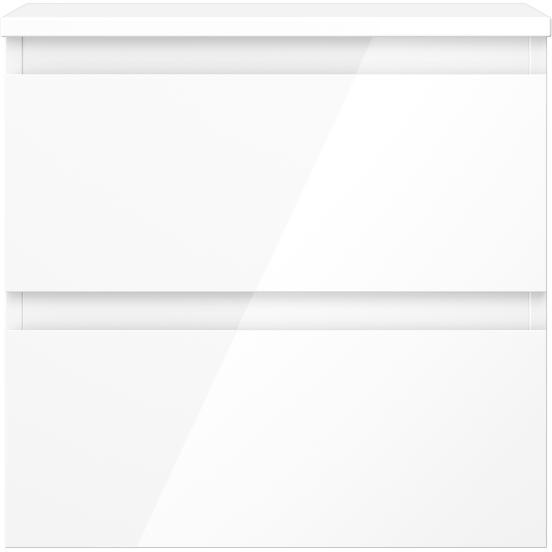 Underskap til servant i hvit høyglans med to skuffer og matte håndtakslister, sett rett forfra.