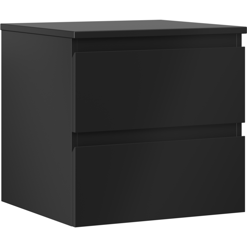 Servantskap 50 cm svart matt med to skuffer, moderne design, sett forfra fra skrå vinkel.