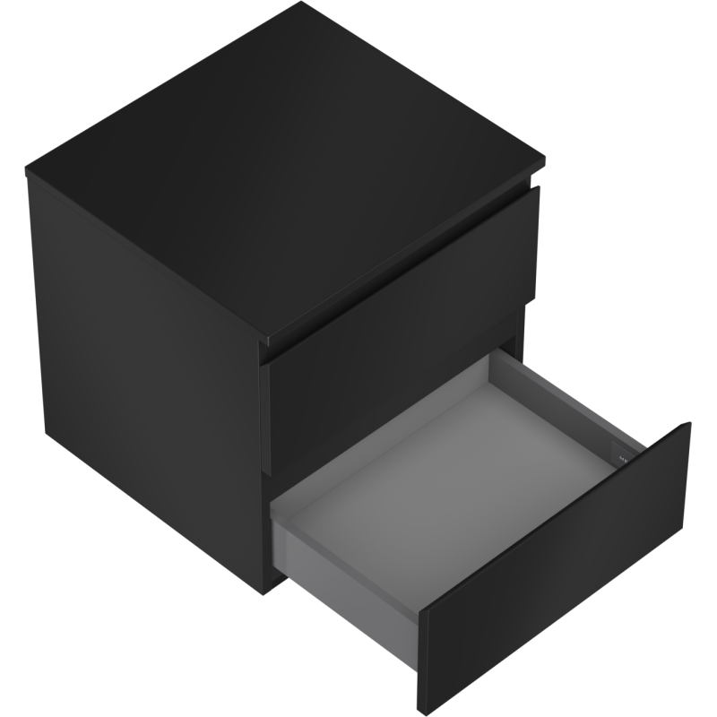 Servantskap til bad i svart matt med to skuffer, nederste skuff trukket ut og lysegrå innside synlig.