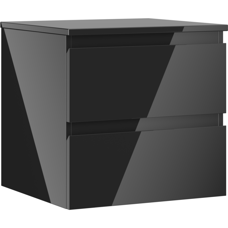 Servantskap 50 cm svart høyglans med to skuffer og blank overflate, sett skrått forfra.