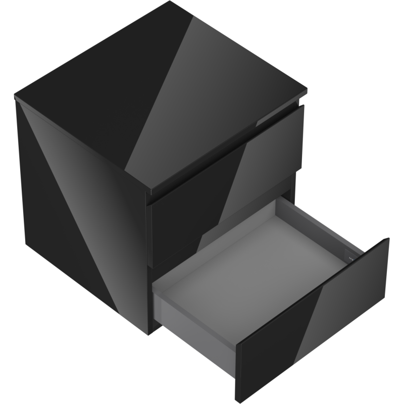 Servantskap til bad 50 cm Mexen Orio i svart høyglans med to skuffer, nederste skuff trukket ut.