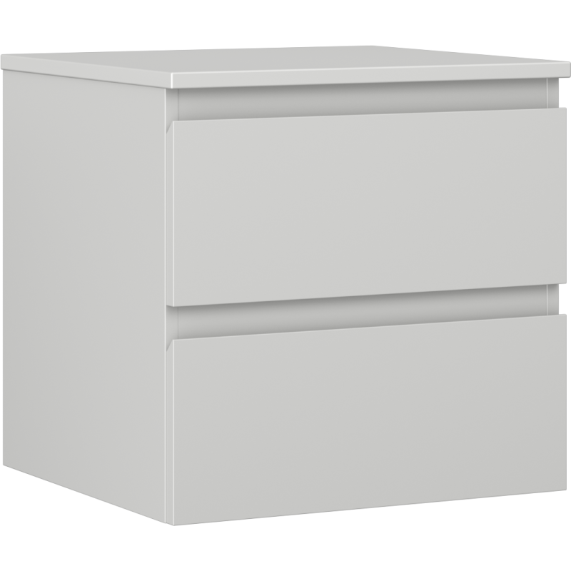 Servantskap 50 cm grå matt med to skuffer, sett i skrått sideperspektiv uten synlige håndtak.