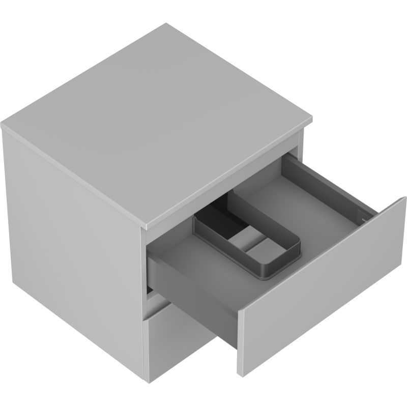 Servantskap uten vask i grå matt finish med én åpen skuff og grå innsats for organisering.