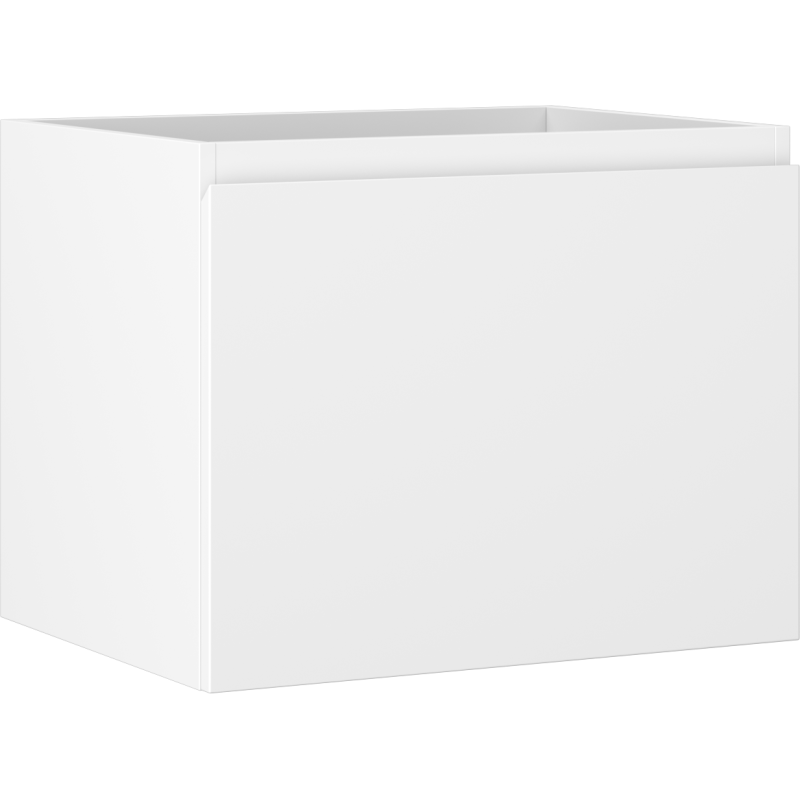 Servantskap 60 cm hvit matt med én skuff og glatt front, sett fra siden og litt ovenfra.