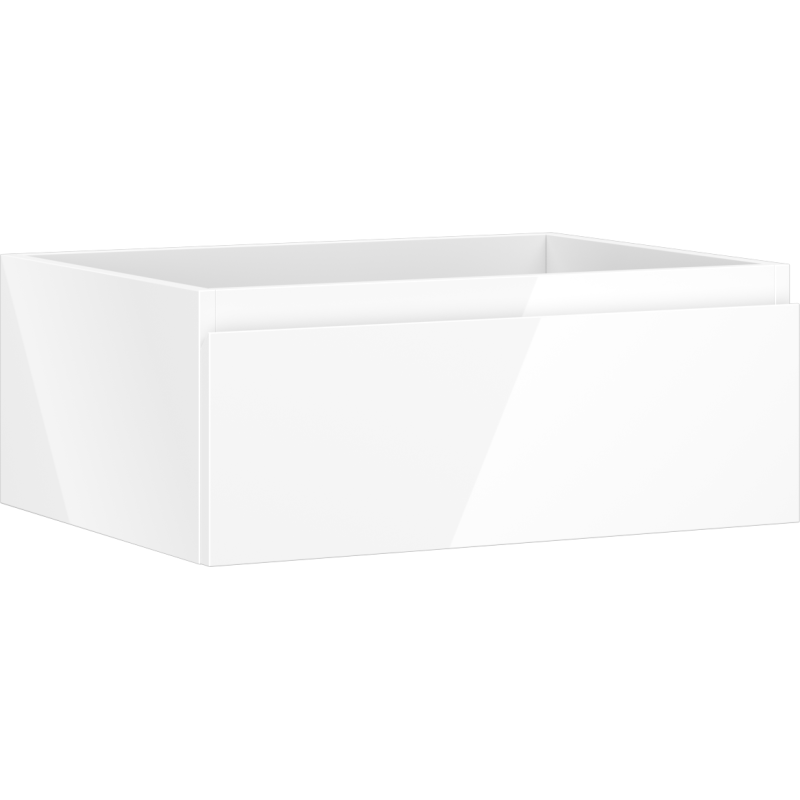 Servantskap 60 cm i hvit høyglans med én skuff, vist fra skrå vinkel med fokus på front og side.