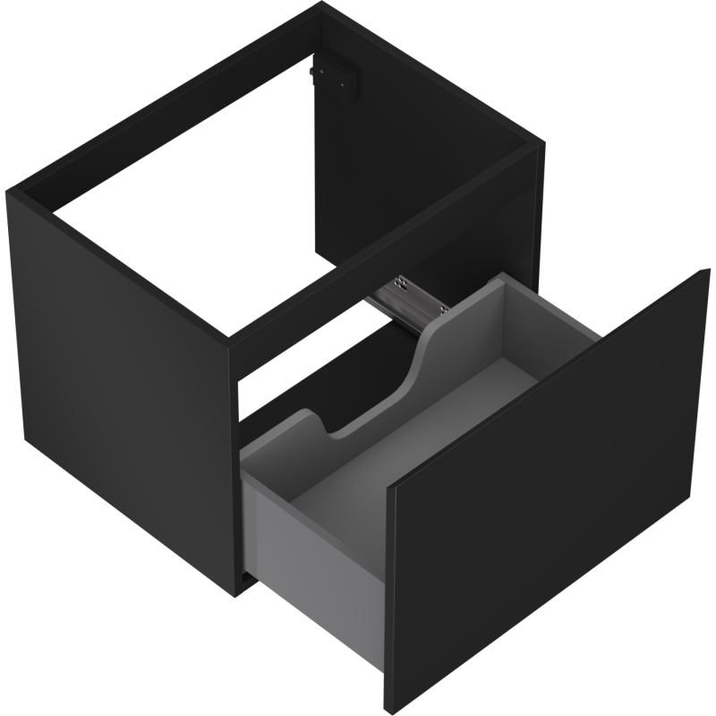 Servantskap uten vask svart matt Mexen Orio 60 cm med åpen grå skuff og utskjæring for rør.