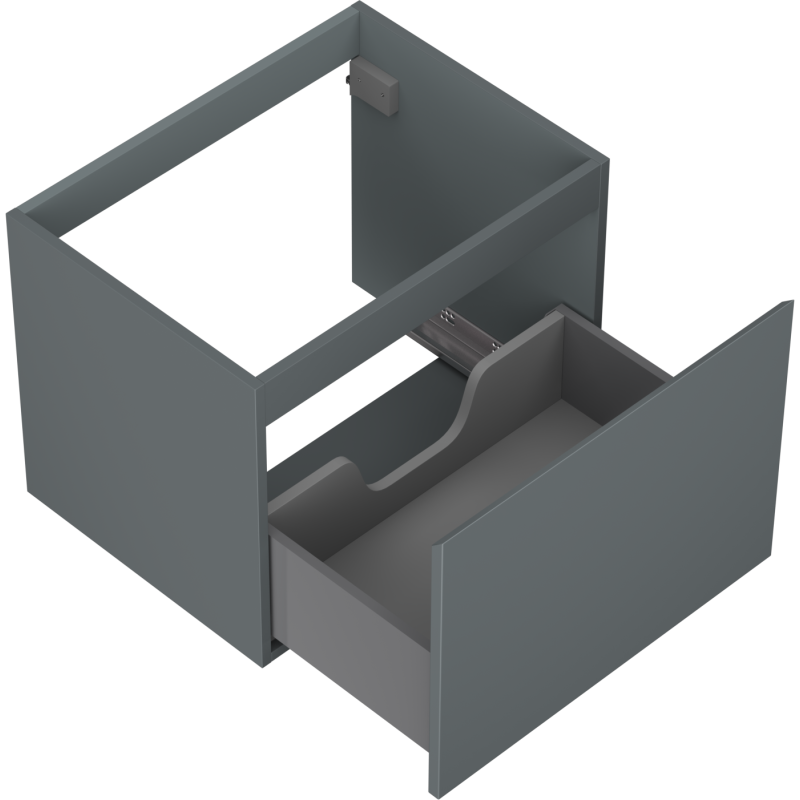 Servantskap uten vask 60 cm grafitt matt med åpen skuff og utsparing til rørføring bakerst.