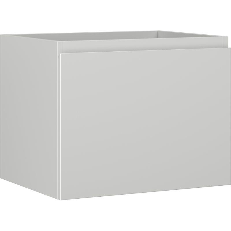 Servantskap 60 cm grå matt veggmontert med én skuff og glatt front, sett fra skrå vinkel.