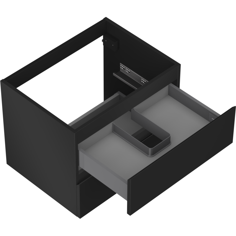 Servantskap uten vask svart matt Mexen Orio 60 cm med åpen skuff og grå romdeler, sett skrått ovenfra.