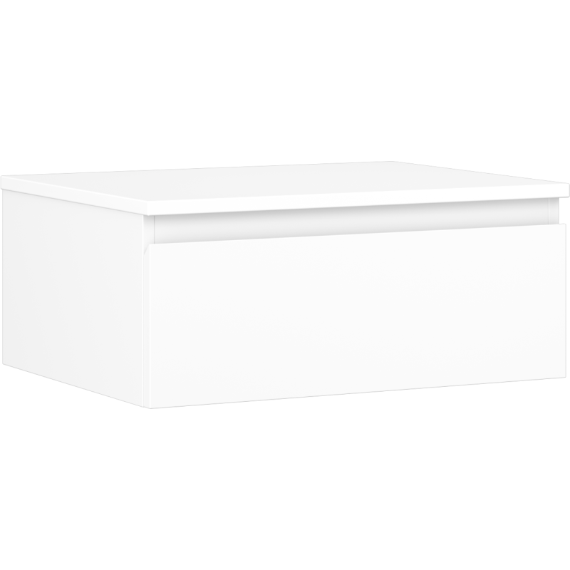 Servantskap 60 cm hvit matt med én skuff, moderne design uten håndtak, sett fra skrå vinkel.