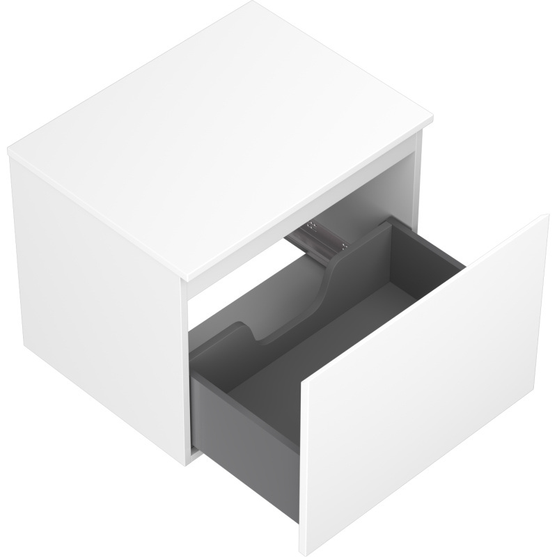 Servantskap uten vask 60 cm hvit matt med én stor skuff trukket ut, viser mørk grå innside.