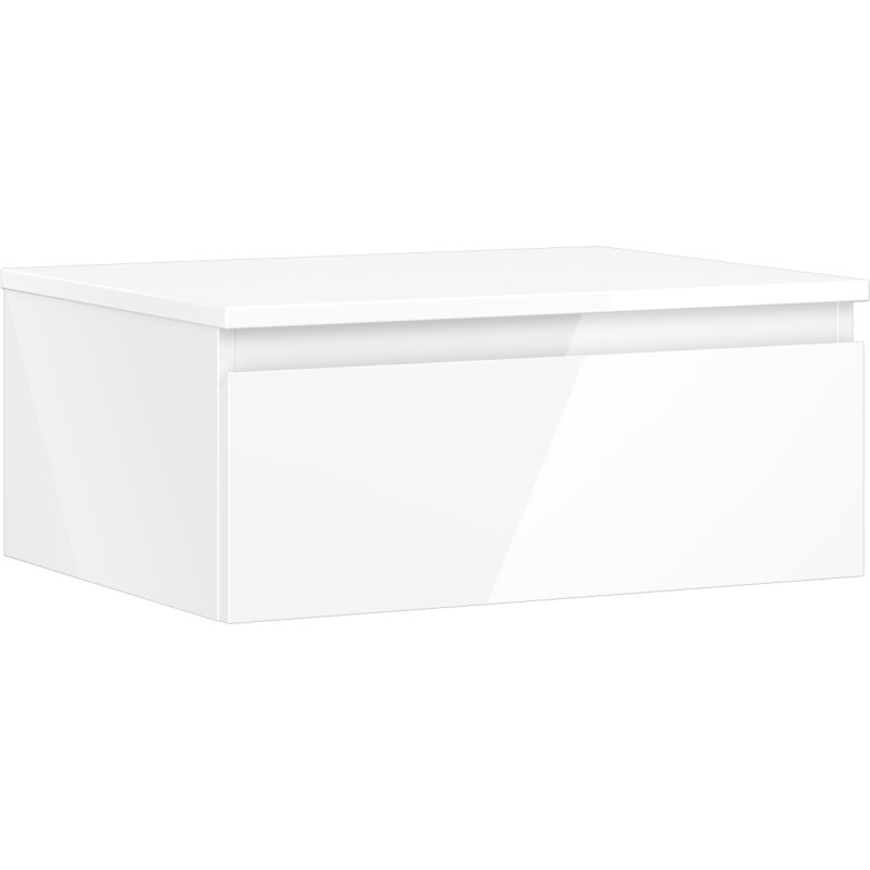 Servantskap 60 cm hvit høyglans med enkel front og én skuff, sett fra skrå vinkel mot høyre.