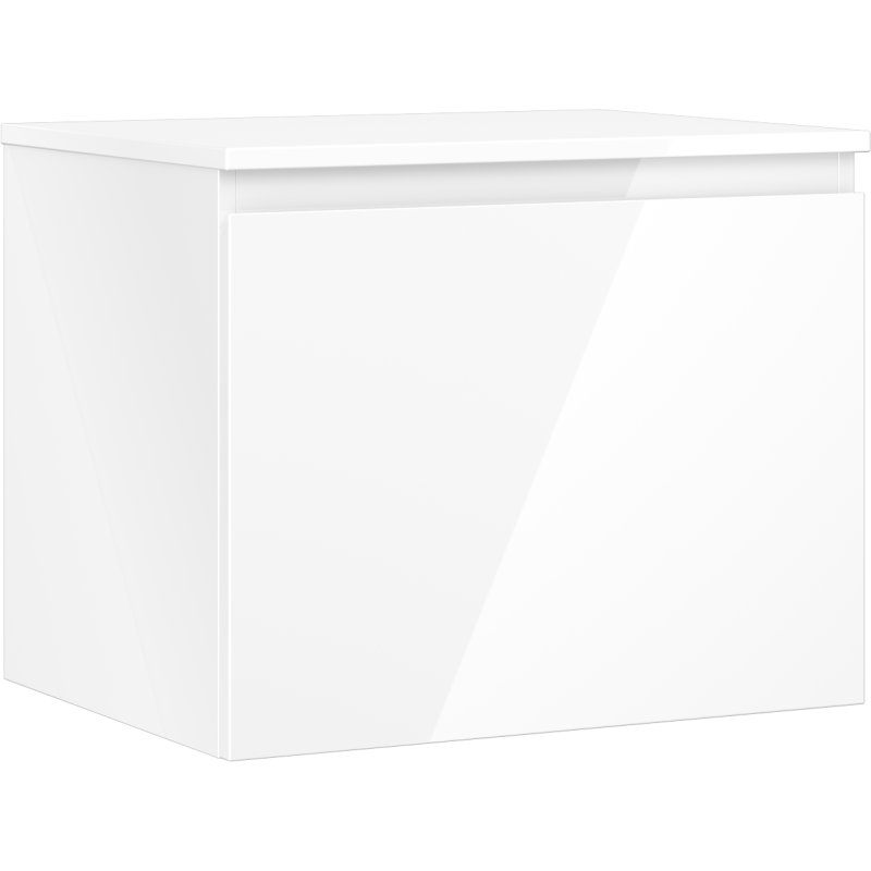 Servantskap 60 cm hvit høyglans med én skuff, sett fra siden og litt forfra, uten synlige håndtak.