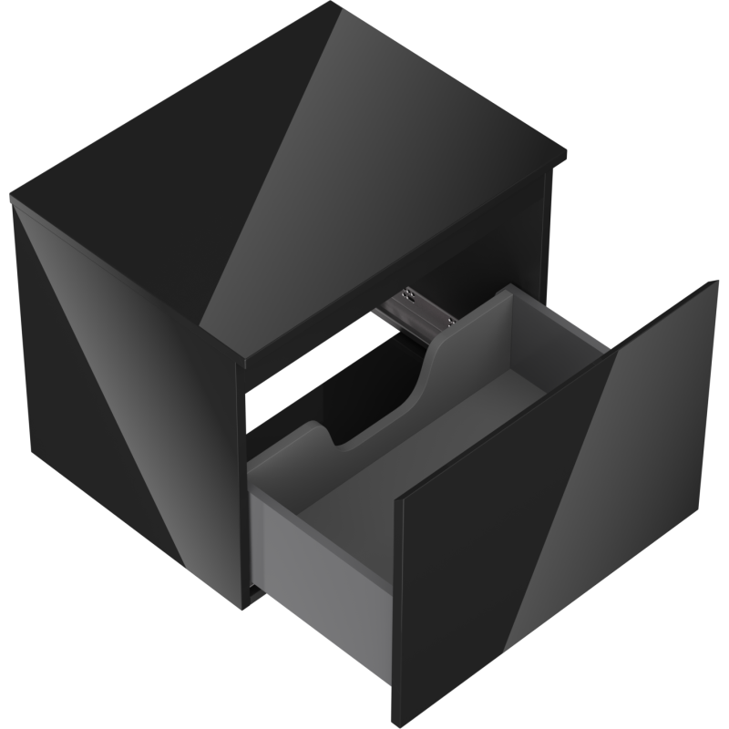 Servantskap uten vask svart høyglans 60 cm med en stor skuff trukket halvveis ut.