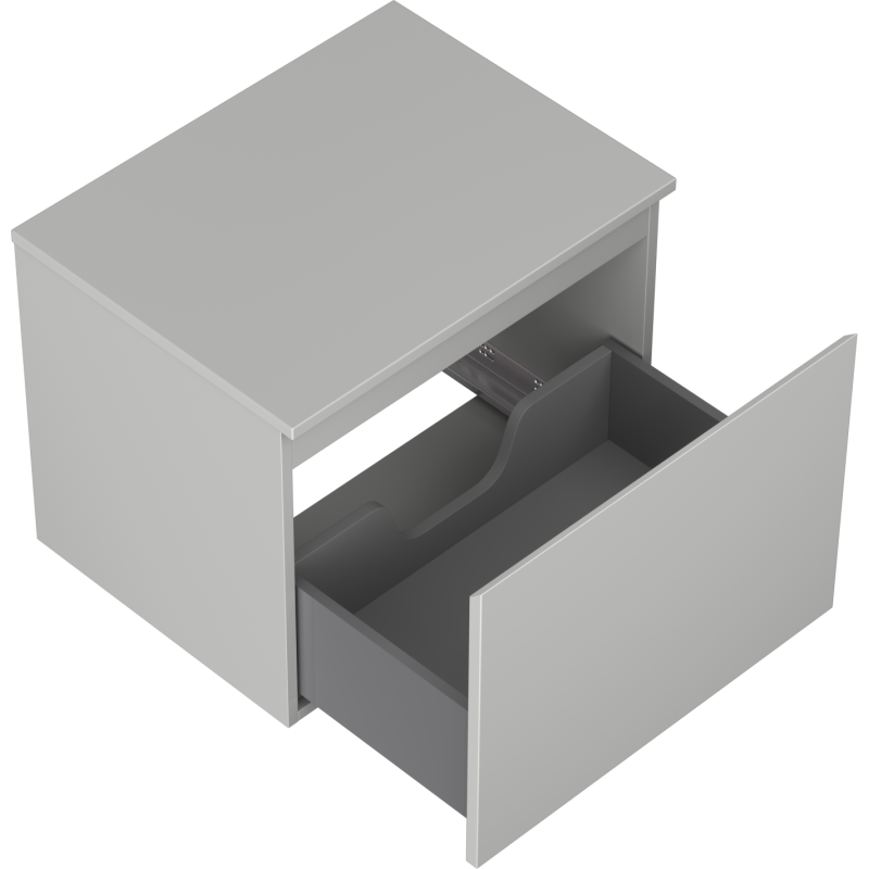 Servantskap uten vask 60 cm grå matt med én stor skuff trukket ut og synlig innvendig inndeling.