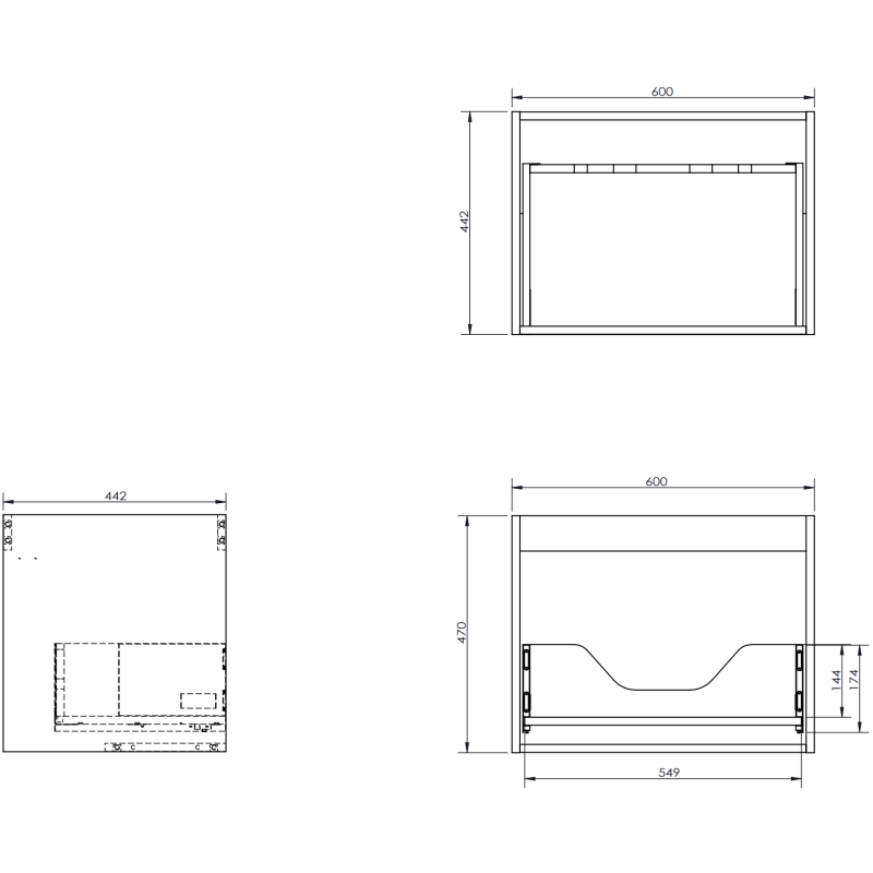 Servantskap til bad teknisk tegning med mål for Mexen Orio 60 cm, grå matt, én skuff.