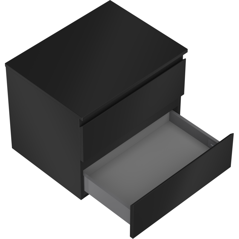 Servantskap til bad i svart matt med stor uttrekt skuff, moderne og minimalistisk design.