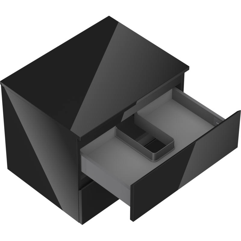 Servantskap uten vask 60 cm svart høyglans med to skuffer, én skuff trukket ut og sort inndeling.
