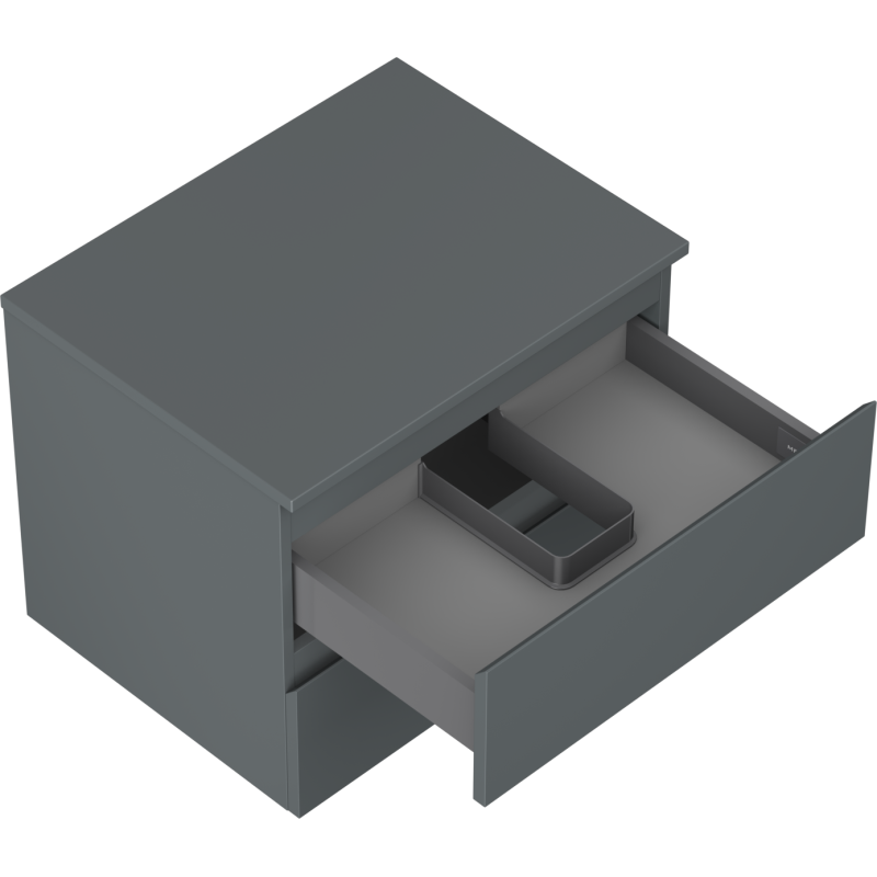 Servantskap uten vask 60 cm grafitt matt med åpen skuff og uttakbar innsats, sett fra skrå vinkel.