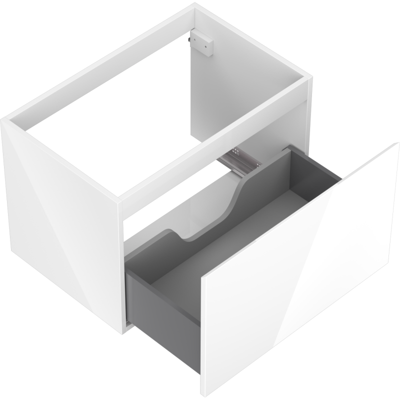 Servantskap uten vask 70 cm hvit høyglans med én stor skuff trukket ut og utsparing for rørføring.