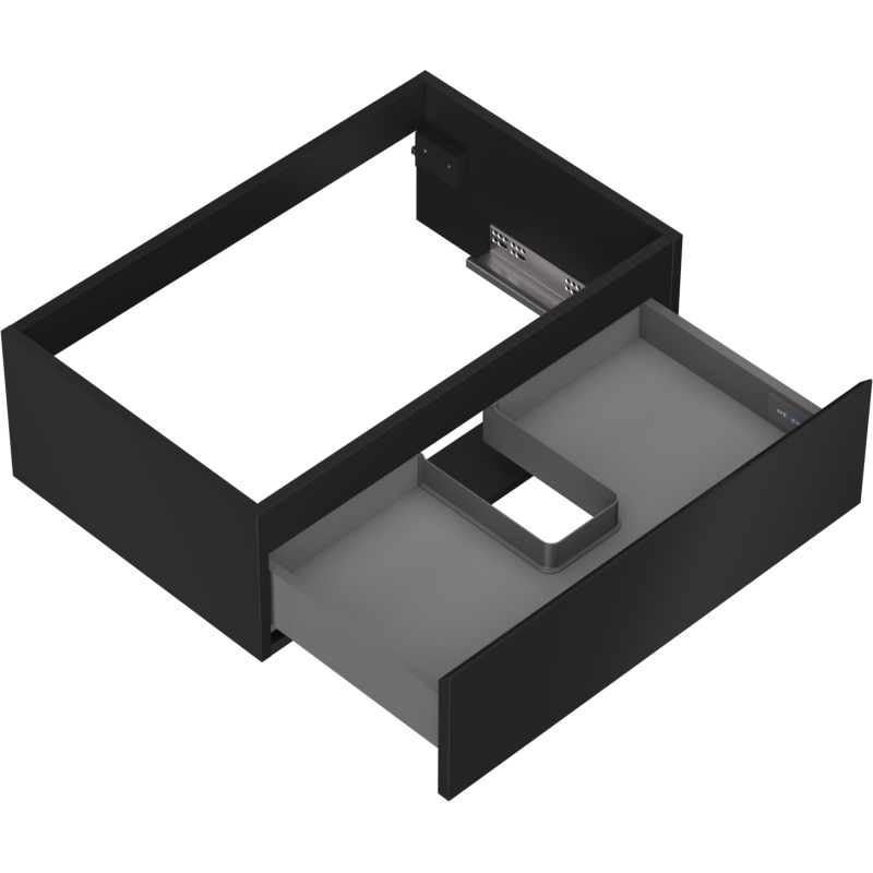 Servantskap uten vask 70 cm svart matt med åpen skuff og U-formet rominndeling for rørføring.