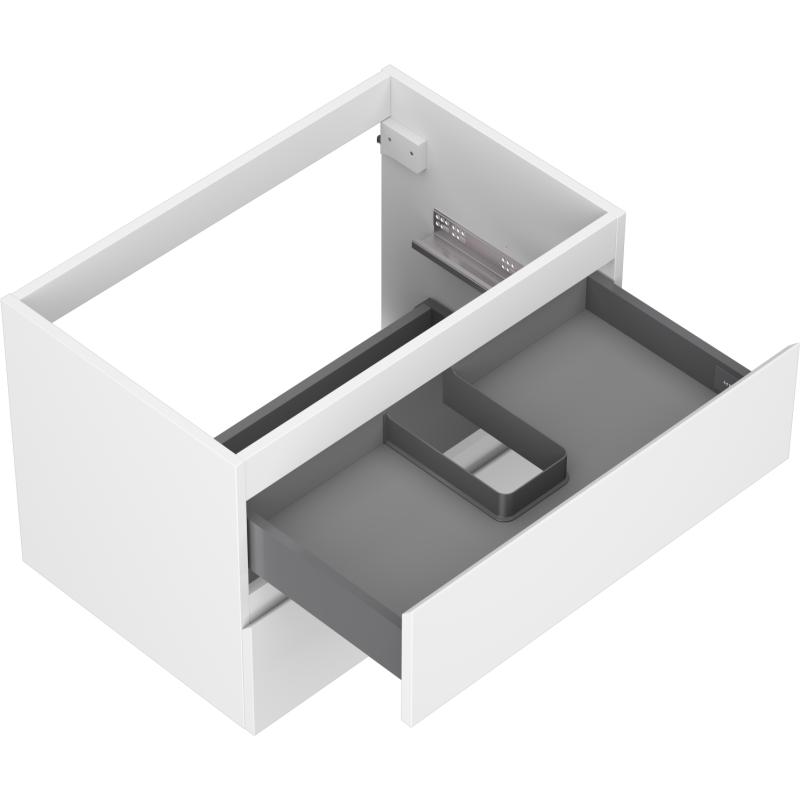 Servantskap uten vask 70 cm hvit matt med stor grå U-formet skuff, sett skrått ovenfra.