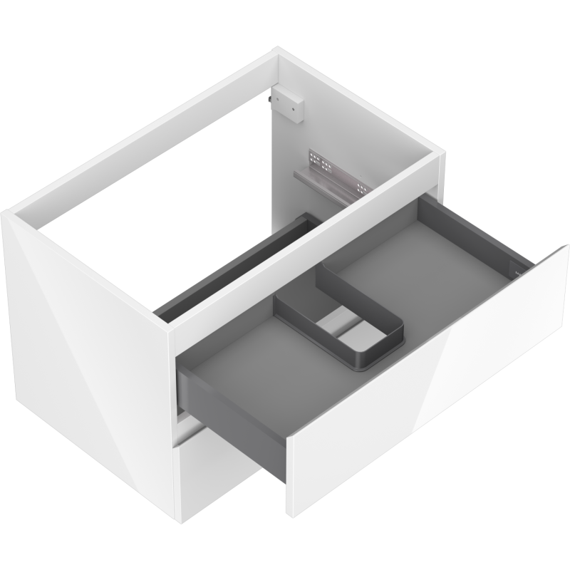 Servantskap uten vask 70 cm hvit høyglans med uttrekt skuff og grå U-formet inndeling.