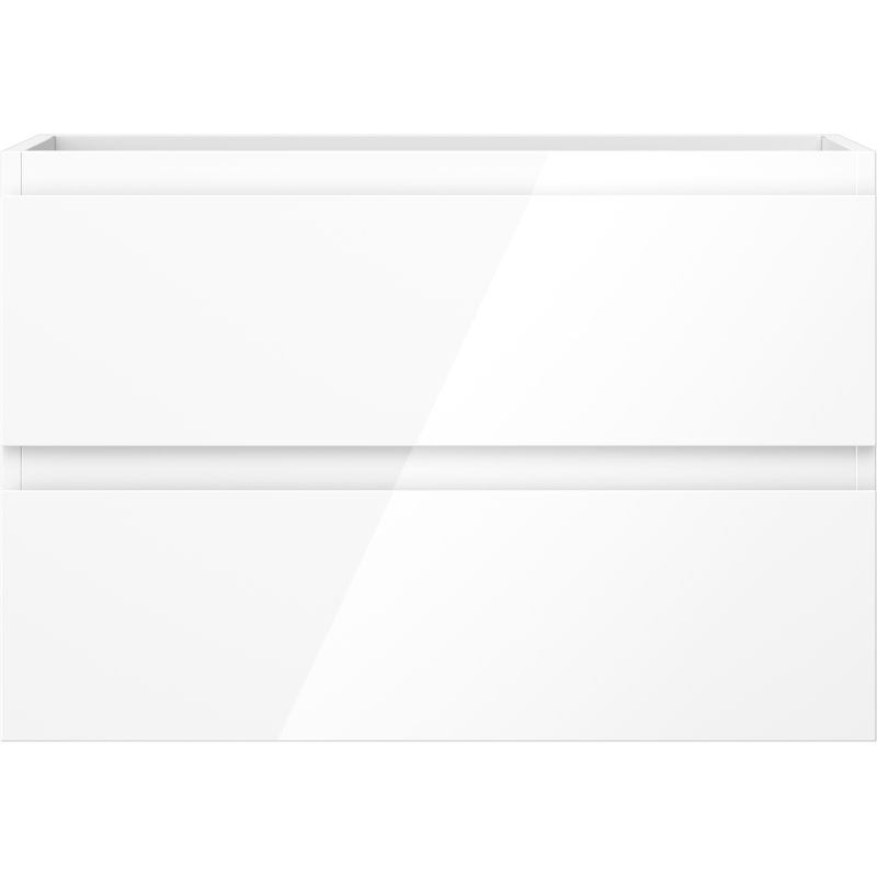 Underskap til servant i hvit høyglans med to skuffer, sett rett forfra, minimalistisk design.