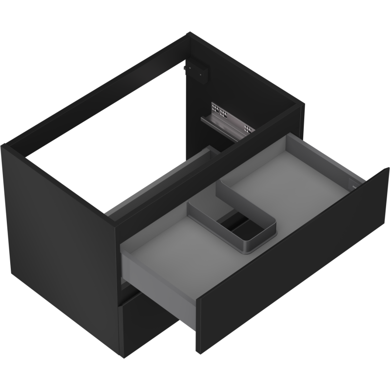 Servantskap uten vask svart matt skuffeskap, én grå uttrekt skuff med romdeler, sett skrått ovenfra.