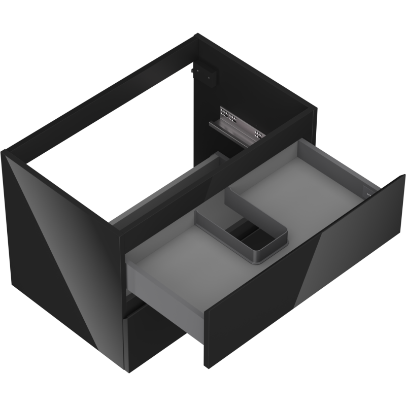 Servantskap uten vask svart høyglans 70 cm med to skuffer, grå innside og rominndeler.