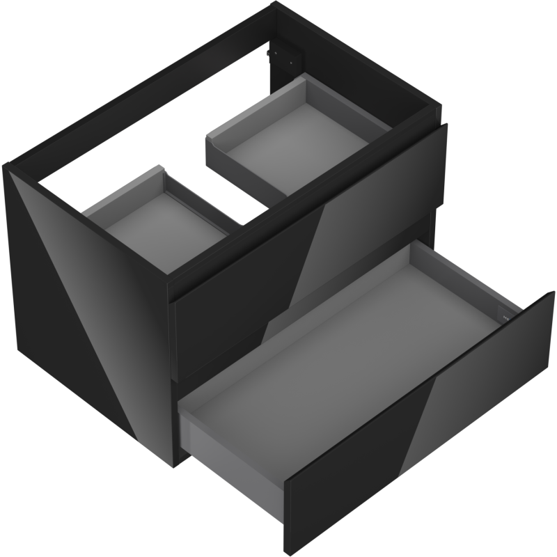 Servantskap til bad 70 cm svart høyglans med to åpne skuffer og romdelere, sett skrått ovenfra.