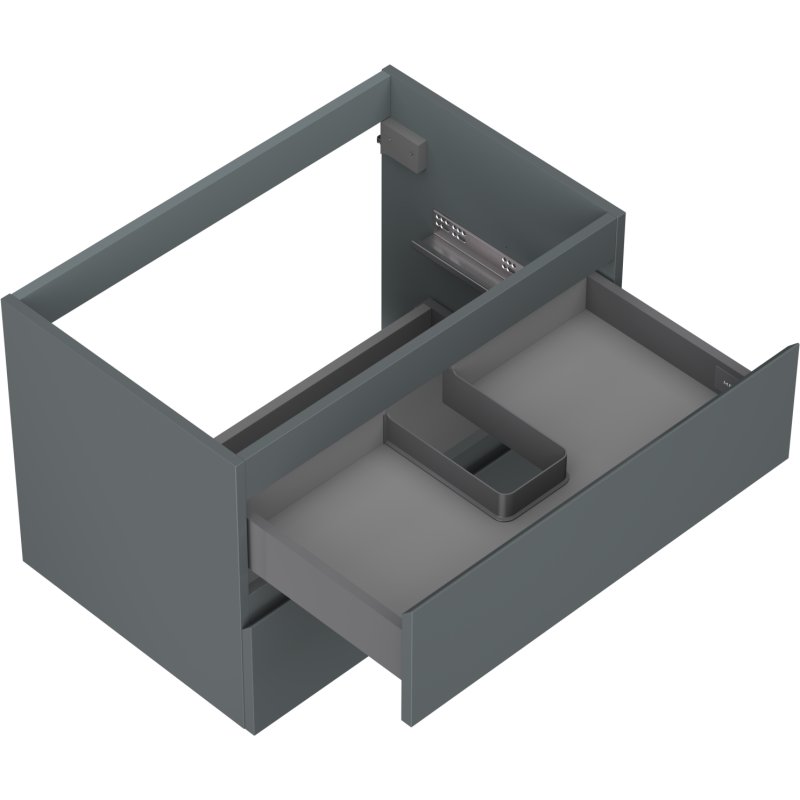 Servantskap uten vask 70 cm grafitt matt med to skuffer, sett ovenfra med åpen skuff og organiseringsrom.
