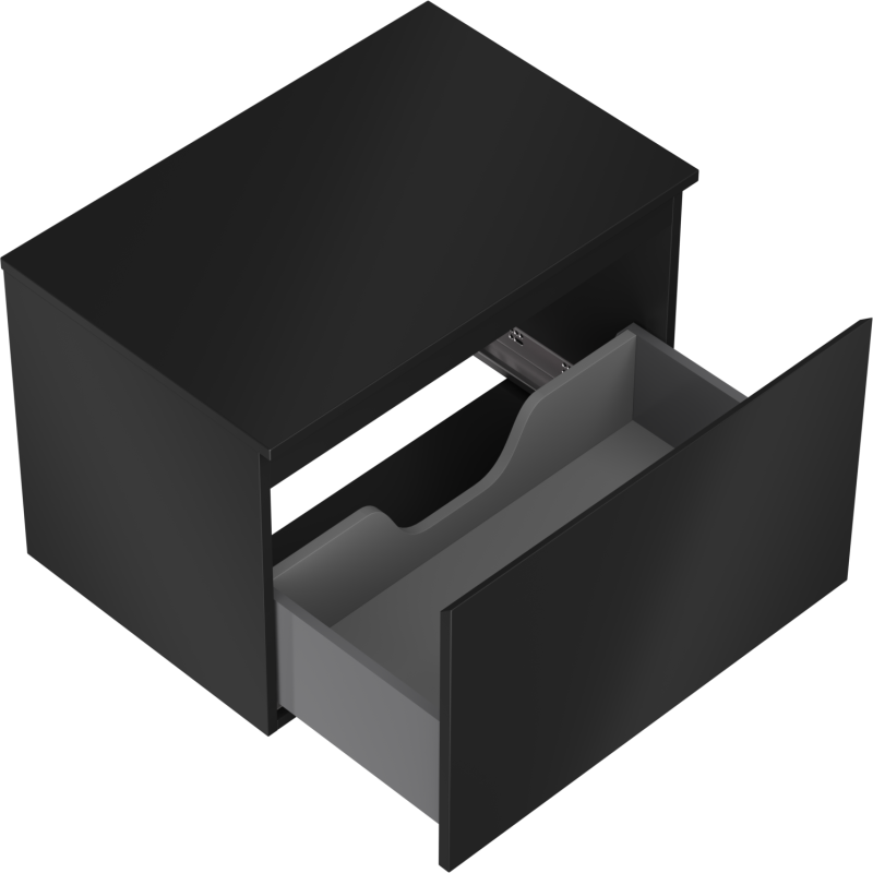 Servantskap uten vask 70 cm svart matt med én stor uttrekt skuff og synlig utsparing.