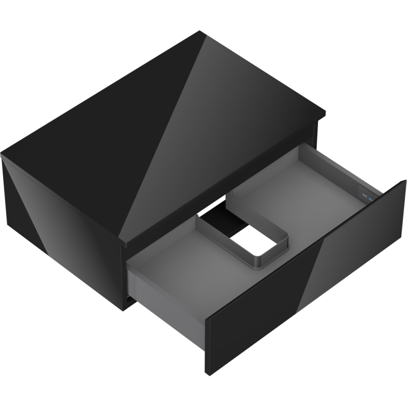 Servantskap uten vask svart høyglans 70 cm med åpen skuff og inndeling, sett fra skrå vinkel.