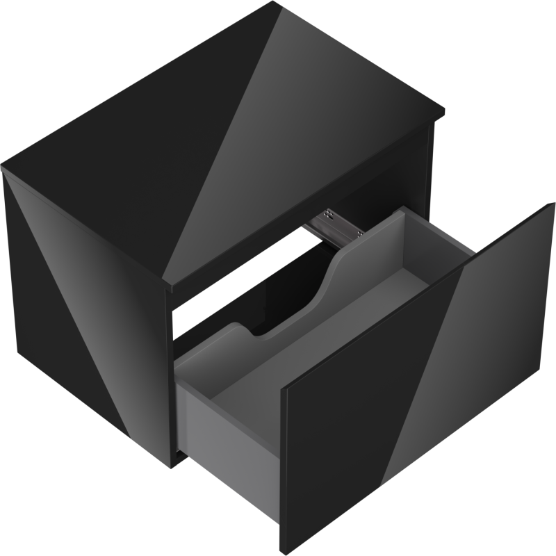 Servantskap uten vask 70 cm svart høyglans med én åpen skuff og synlig metallskinne.