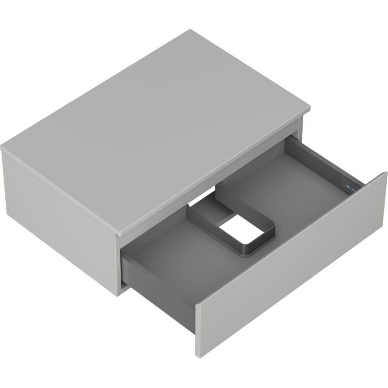 Servantskap uten vask 70 cm grå matt med åpen skuff og avdeler sett fra skrå vinkel.